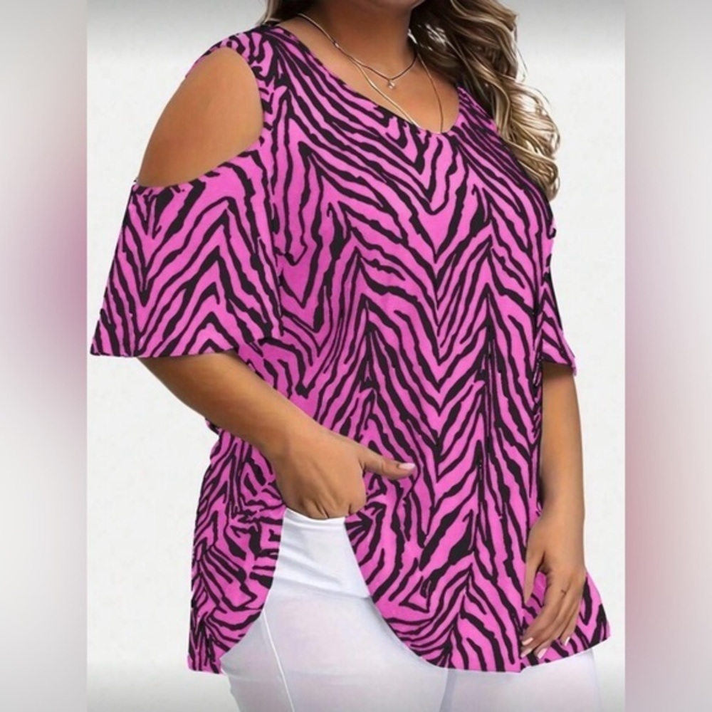 SHEIN 0X pink black zebra print cold shoulder short sleeve